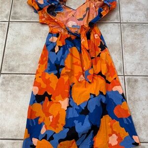 Vibrant Orange & Blue Floral Midi Dress designer for target Tabitha
